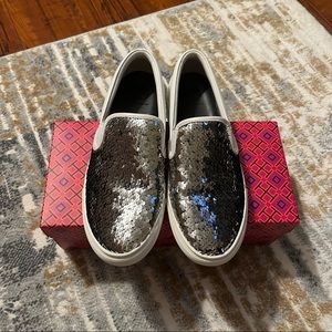 Tory Burch Carter Slip On Sequins Metallic Black Shoes Size 7